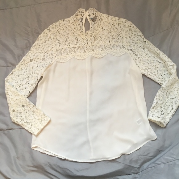 Belle and Sky Tops - Belle & Sky Cream Lace High Neck Top Blouse